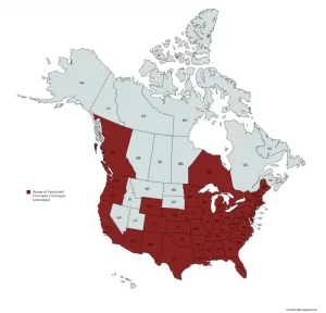 Range map of Lance-leaf Coreopsis (Coreopsis lanceolata) in the United States and Canada.