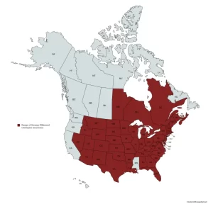 Range map of swamp milkweed (Asclepias incarnata) in the United States and Canada.