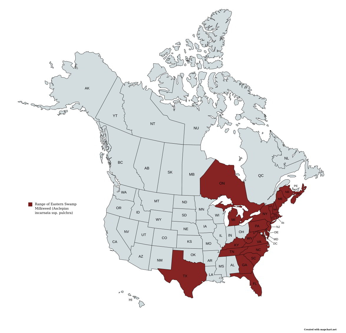 Range of Eastern Swamp Milkweed (Asclepias incarnata ssp. pulchra) in the United States and Canada