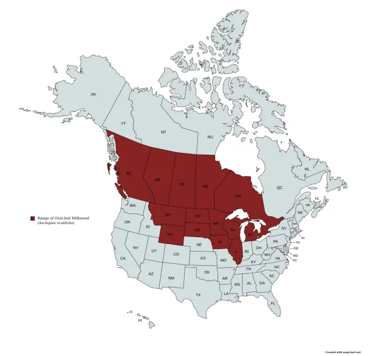Range map of Oval-leaf Milkweed (Asclepias ovalifolia) in the United States and Canada.
