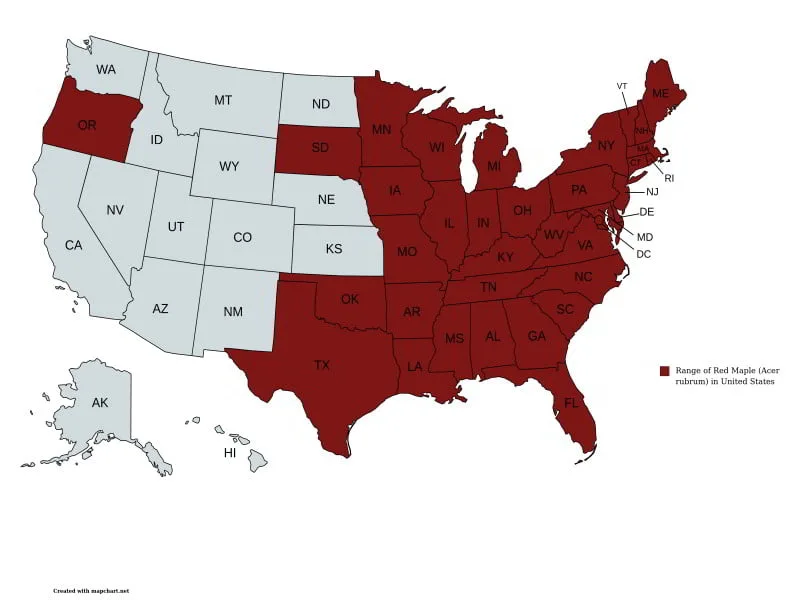Range Map of Red Maple (Acer rubrum) in the United States