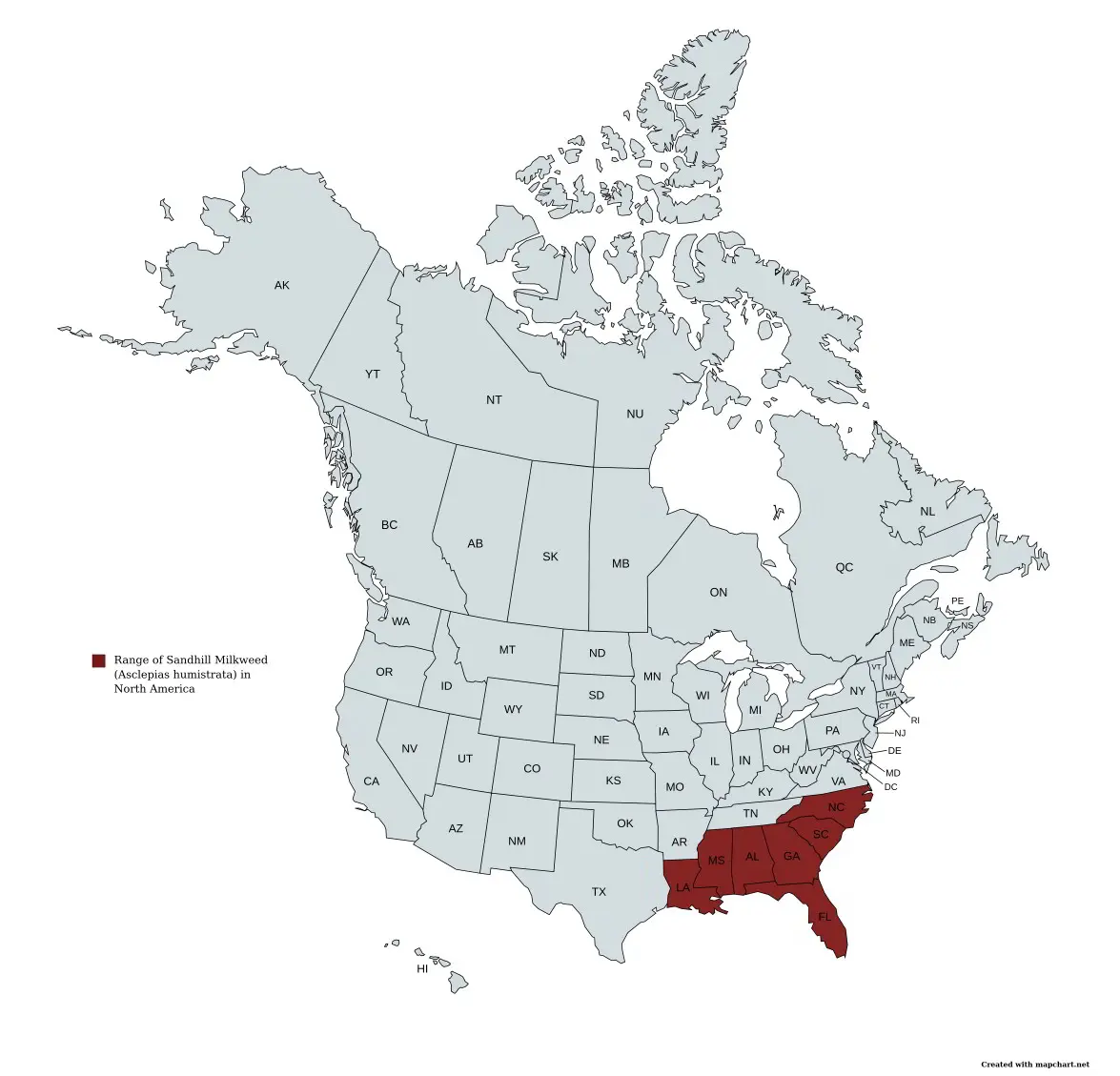 Range Map of Sandhill Milkweed (Asclepias humistrata) in the United States and Canada.