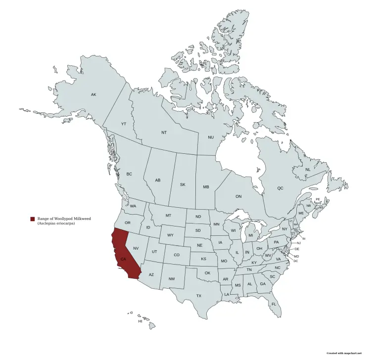Range map of Woollypod Milkweed (Asclepias eriocarpa) in the United States and Canada..