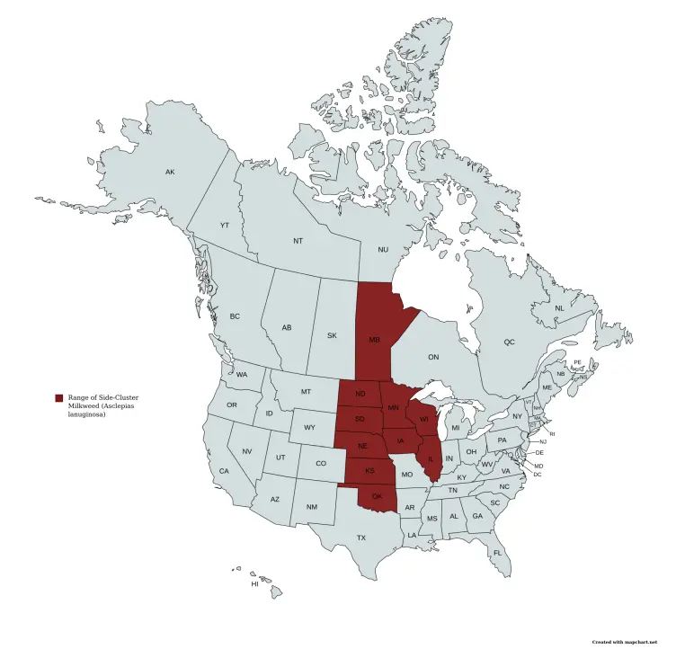 Range map of side-cluster milkweed (Asclepias lanuginosa) in the United States and Canada.
