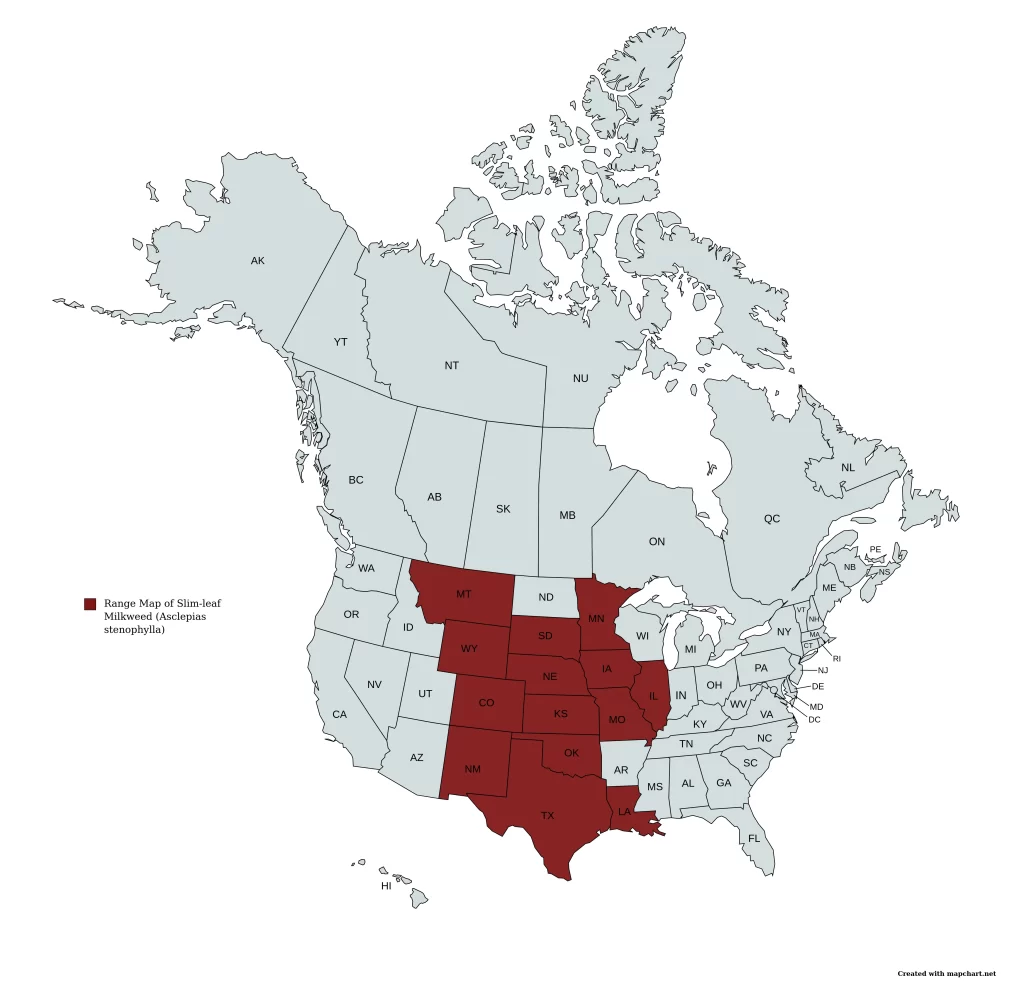 Range map of slim-leaf milkweed (Asclepias stenophylla) in the United States and Canada.