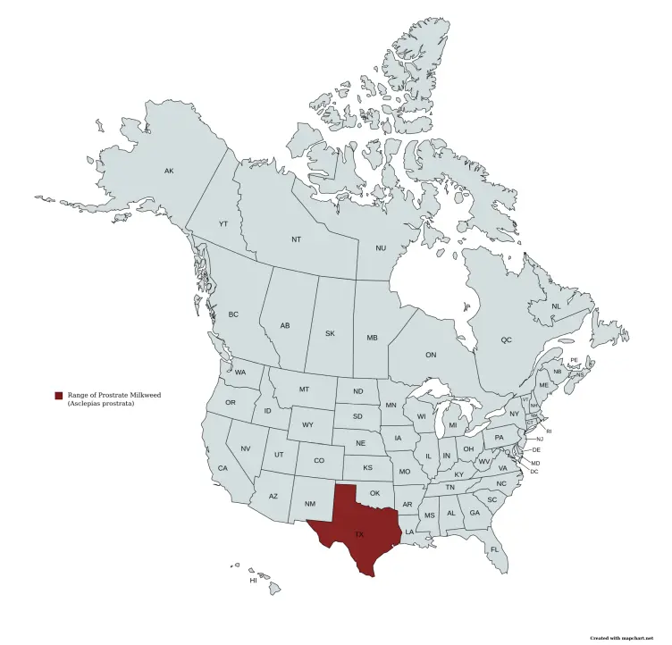 Range of prostrate milkweed (Asclepias prostrata) in the United States and Canada.